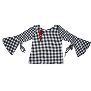Faballey Black & White Gingham Rose Embroidery Bell Sleeve Boho Blouse Size S